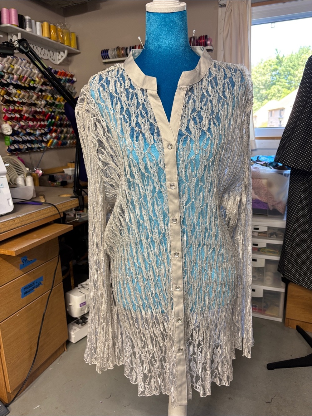 Liz&Me Platinum Lace-Trim Slip Dress in Silver and Teal